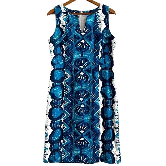 Talbots Linen Blend Shift Dress Teal Blue Tropical Print Sleeveless Lined Size 8 - Picture 1 of 15